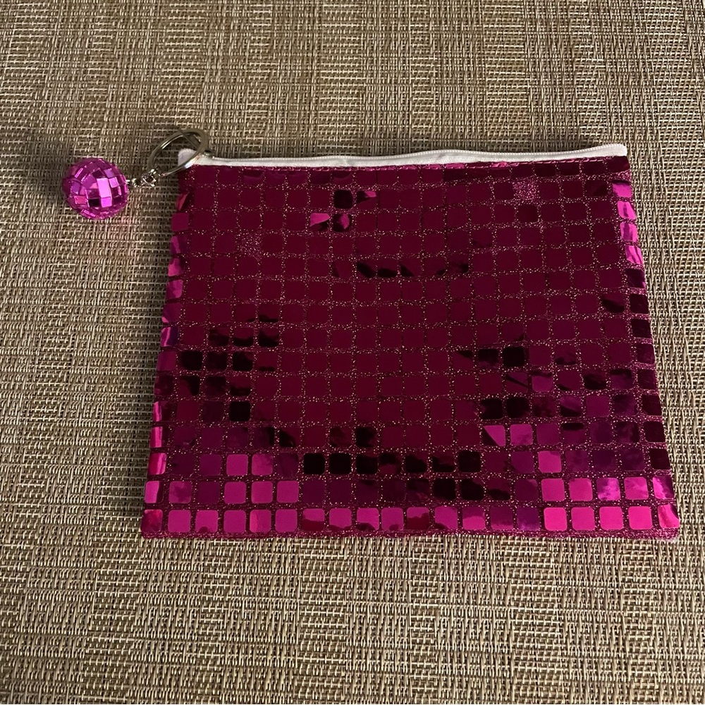 Hot pink sequin cosmetic pouch with disco ball